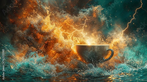 A coffee cup becomes the epicenter of a storm with lightning above and turbulent water below, combining elements of nature's fury