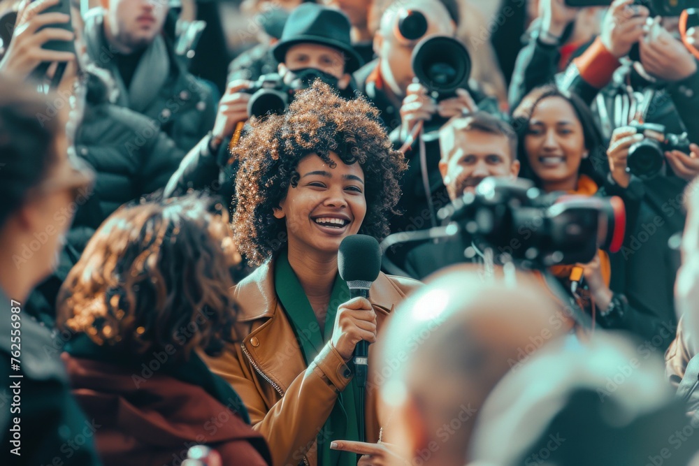 woman greeting journalists in front of crowd with microphones with smiling faces stock photo