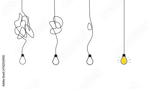 One continuous line drawing of tangled and scribble wires with light bulbs. Concept of complex problem solving process and 