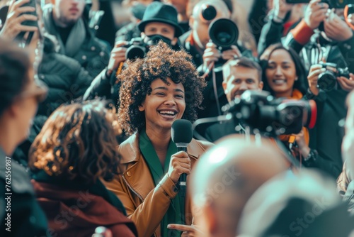 woman greeting journalists in front of crowd with microphones with smiling faces stock photo © AAA