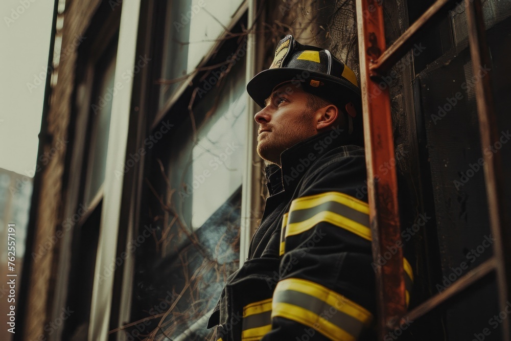 single man in firefighter uniform looking out a building