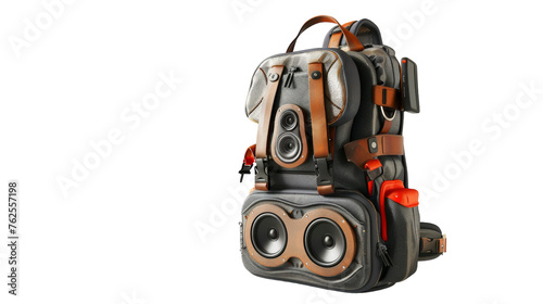 A backpack with attached speakers playing music outdoors