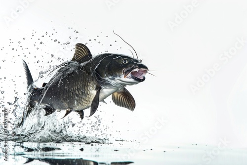 catfish jumping in water on white background © AAA