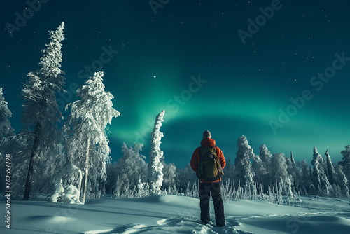 polar explorer, northern lights over a snow-covered forest on the background
