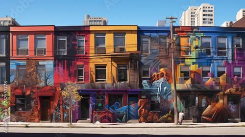 Explore the urban landscape through the vibrant lens of a street art mural that captures the essence of city living.