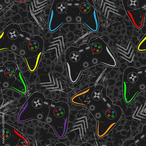 pattern for guys. games print with multicolored joysticks, gray grunge texture and arrows