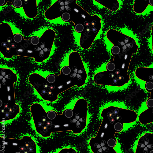 seamless pattern with joystick on green blots.