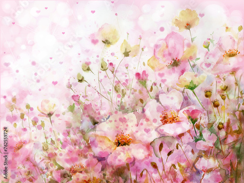 Floral pink background. Watercolor flowers. Illustration.