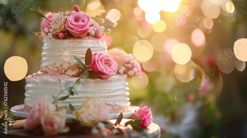 wedding cake decorated with pink and red on wood table