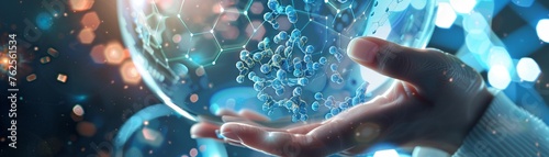 Close-up on hands holding a petri dish with a new pharmaceutical compound, digital molecule overlay,high resolutio photo