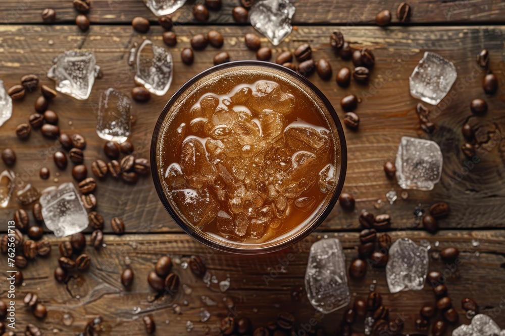 Iced coffee on wooden table with crushed ice and coffee beans around it outside. Elevated view. Horizontal composition.