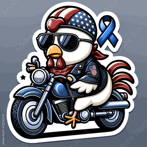chicken on a motorcycle wearing sunglasses with american flag on a white background and blue ribbon