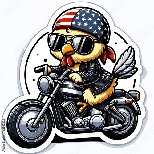 chicken on a motorcycle wearing sunglasses with american flag on a white background © Patrick
