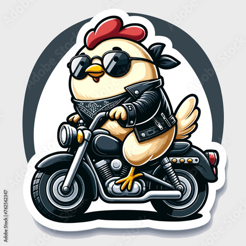 chicken on a motorcycle wearing sunglasses  on a white background