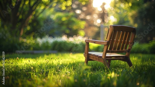 wooden armchair in green garden with morning light