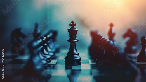 Chess king standing tall among pawns on an abstract background, illustrating strategic leadership and individual authority photo