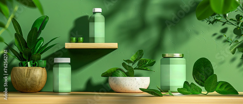 A shelf with several green plants and jars of medicine  sense of harmony and balance
