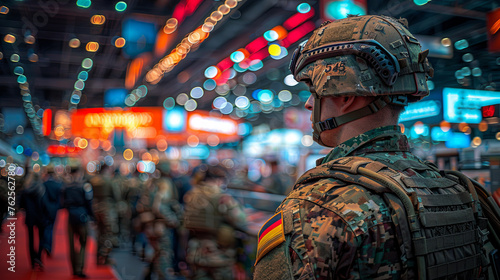 Rear View of a German Soldier Overlooking a Busy Military Convention Floor with Vivid Lights