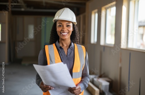 Confident Female Engineer with Plans on Construction Site