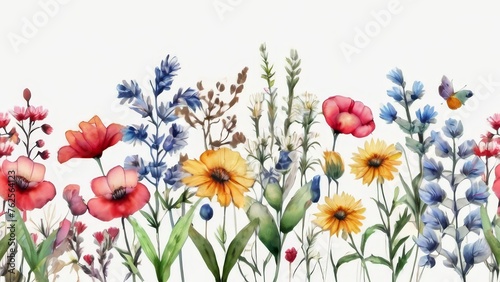 wildflowers painted in watercolor, floral background, summer meadow photo
