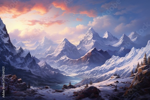 Serene Snowy mountain view. Glacial wintertime alpine picturesque natural beauty. Generate ai