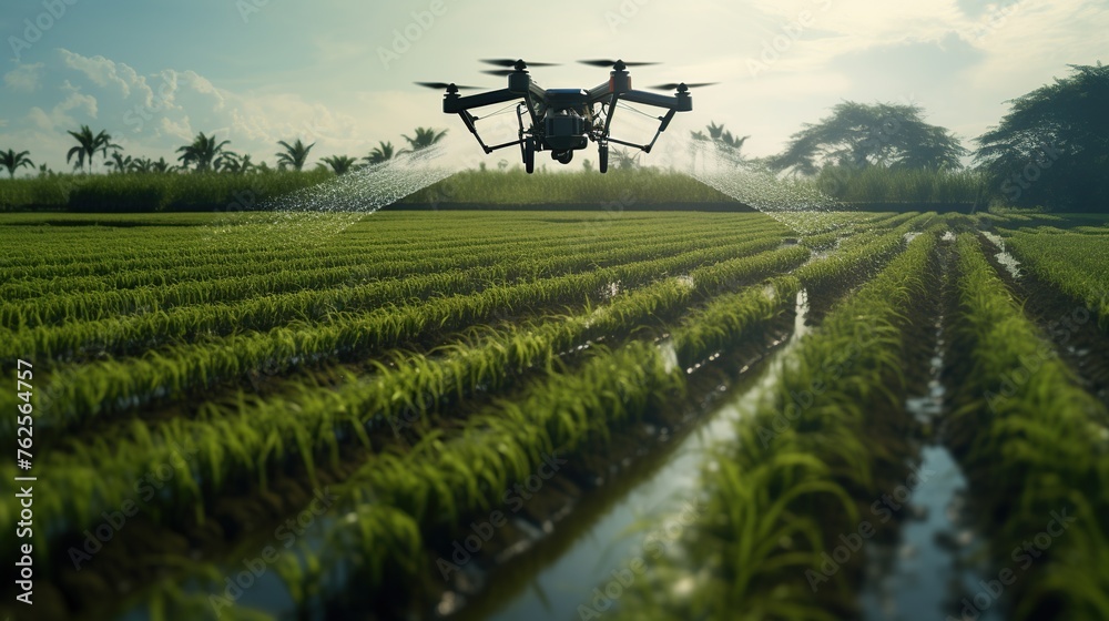 Modern agriculture with green field and drone spraying pesticide.