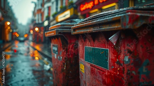 Rainy City Street Scene with Wet Red Mailboxes and Blurred Lights photo