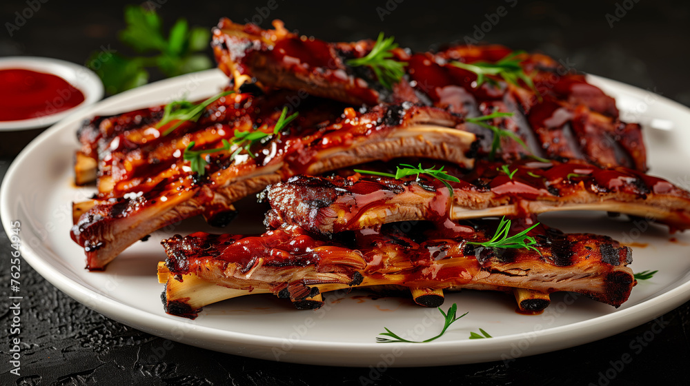 Barbecue fried ribs with sauce and herbs on a plate Barbecue fried ribs with sauce and herbs on a plate