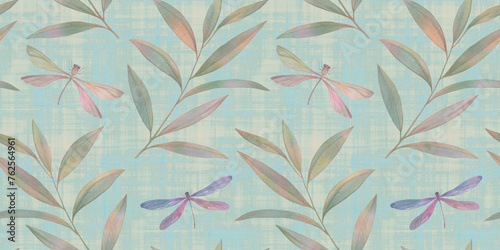 abstract background for design of wallpaper, print and packaging, endless ornament of butterflies and dragonflies and leaves, seamless botanical pattern drawn in watercolors by hand.