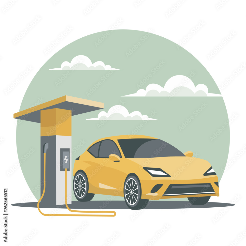 Modern electric car at a charging station. Green technology. Illustration, vector	
