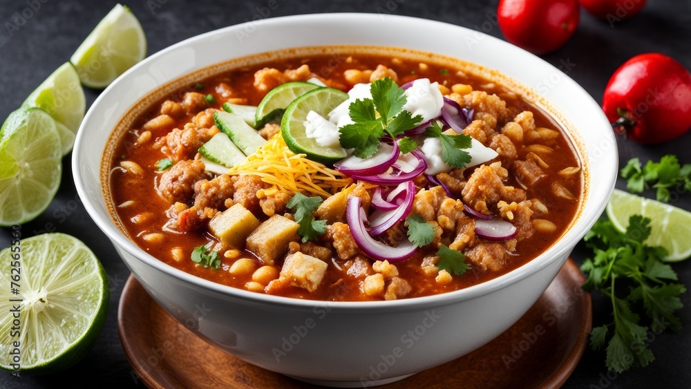 The traditional Mexican dish pozole, which is a thick soup with corn and meat