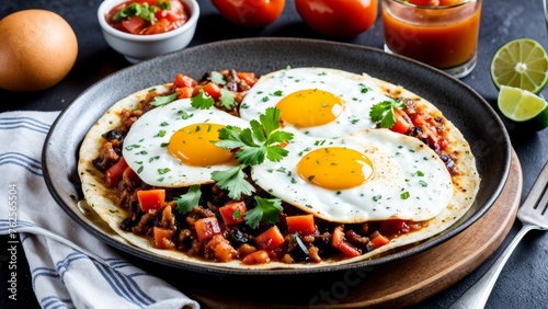 Huevos rancheros is a Mexican dish of fried eggs on a tortilla with a fresh sauce of tomatoes and hot peppers.