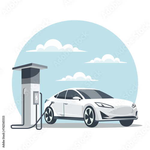 Modern electric car at a charging station. Green technology. Illustration, vector	
