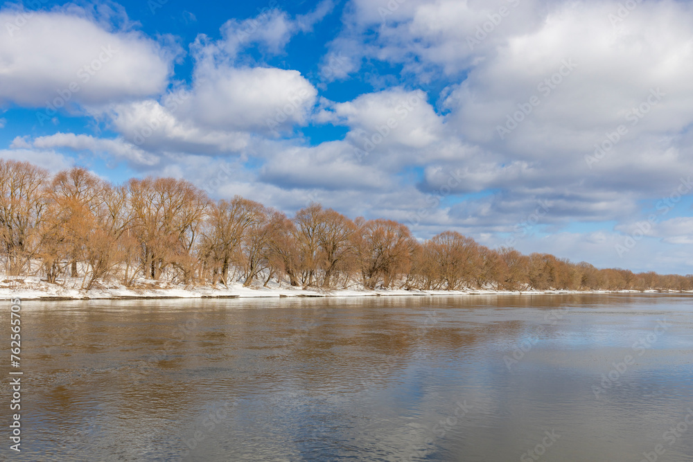 Trees along the river, clouds reflected in the water, spring on the river, salty weather, high water, view from the middle of the river to the shore. Blue sky with clouds Trees along the river, clouds reflected in the water, spring on the river, salty weather, high water, view from the middle of the river to the shore. Blue sky with clouds