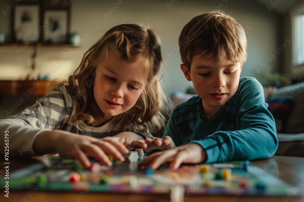 Two young kids focused on a colorful board game, enjoying a moment of educational play together Two young kids focused on a colorful board game, enjoying a moment of educational play together