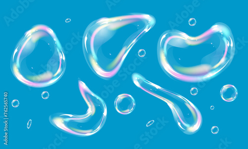 Transparent liquid shapes playing with iridescent light in a captivating dance of bubbles. Vector illustration invites you to the world of magic and harmony