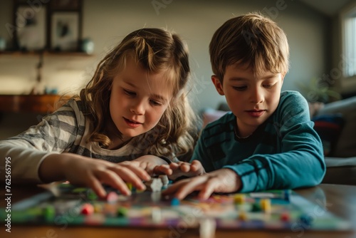 Two young kids focused on a colorful board game, enjoying a moment of educational play together