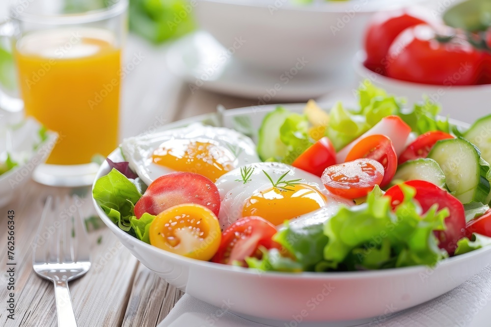 delicious and healthy breakfast with eggs, juice, tomatoes and herbs delicious and healthy breakfast with eggs, juice, tomatoes and herbs