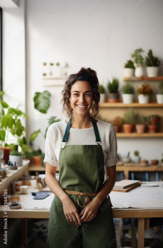 Creative Spirit: Smiling Female Artist in Sunny Home Studio Creative Spirit: Smiling Female Artist in Sunny Home Studio