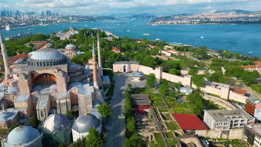 Hagia Sophia, Topkapi Palace with Golden Horn aerial view from Bosporus Strait in Sultanahmet district in historic city of Istanbul, Turkey. Historic of Istanbul is a UNESCO World Heritage Site. 