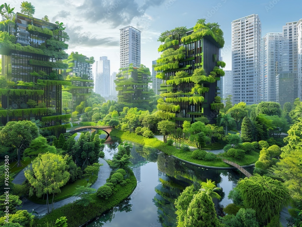 Fototapeta premium Green urban park in smart city, digital integration, nature, technology harmony.