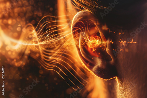 Close-up of a human ear with sound waves radiating soft-focus background. photo