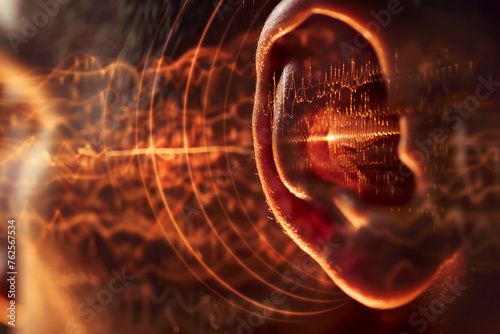 Close-up of a human ear with sound waves radiating soft-focus background.