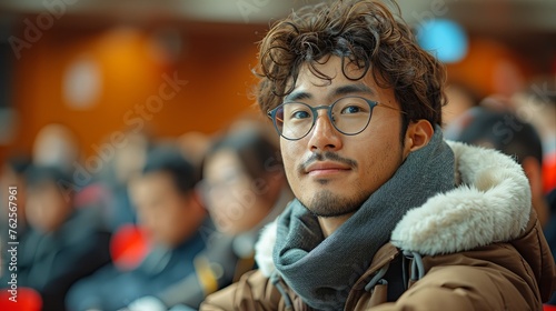 Thoughtful Young Man with Glasses in a Winter Jacket Attentively Listening in a Lecture Hall