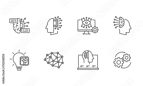 Vector Artificial Intelligence icon set for web and mobile apps. Smart conversation, Machine learning, deep learning, technology icons.
