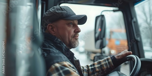 Truck driver at a logistic center getting ready for cargo shipment. Concept Truck Driver, Logistics Center, Cargo Shipment, Transportation Industry, Logistics Operations © Ян Заболотний