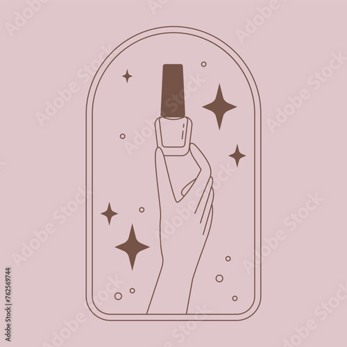 Vector design template in linear style. Nail studio varnish emblem. Beauty spa, hand and Varnish with stars