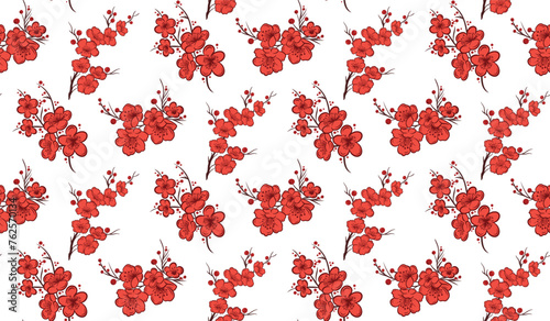 Seamless pattern background with Asian sakura cherry blossom branch, minimalist simple flat vector illustration. Floral background for oriental template, banner