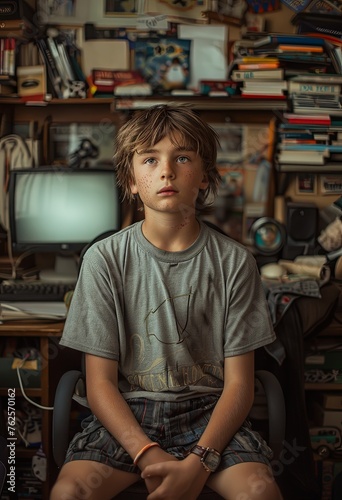 Pensive Young Boy in Casual Clothes with a Background of Bookshelves and a Computer
