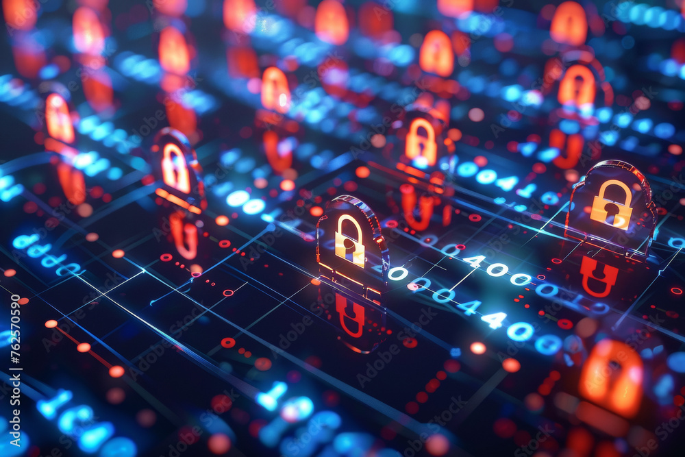 concept de cybersécurité, symbole de cadenas représentant la protection des données numérique sur fond carte électronique de type circuit imprimé illuminé concept de cybersécurité, symbole de cadenas représentant la protection des données numérique sur fond carte électronique de type circuit imprimé illuminé